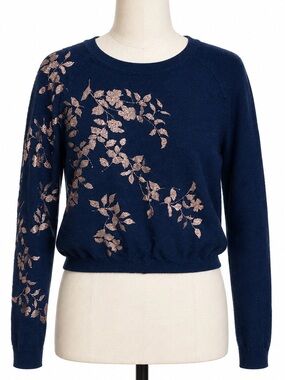 Knitted & Knotted Navy Gold Foil Leaf Cashmere Blend Sweater M